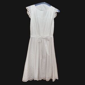White Cotton Eyelet Dress with Grosgrain Belt